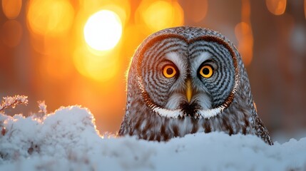 Great gray owl sunset snow forest winter wildlife