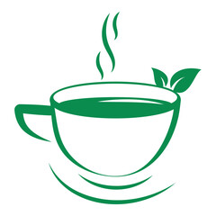 Green tea cup line icon. Beautiful tea cup and leaves for logo icon. Cup of coffee icon, vector design template isolated on white background. Vector illustration.