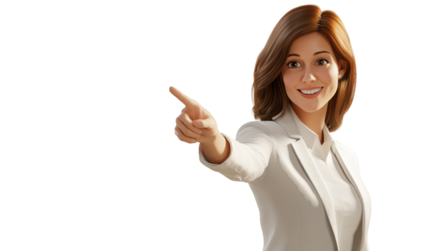 Confident business woman pointing at something concept of leadership communication or presentation isolated on white background