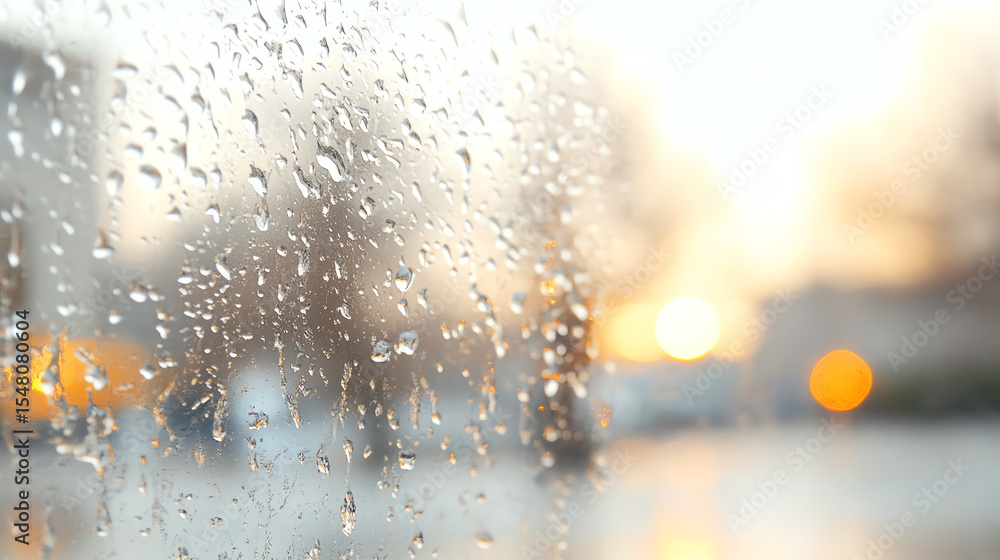 Poster a close-up of a rain-drenched window with soft bokeh lights in the background, creating a serene and