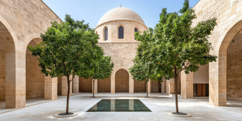 A courtyard with green trees surrounds a reflective pool, bordered by archways and a domed building in the background. Tranquil architectural symmetry