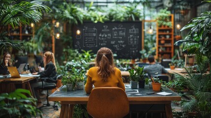 Urban workspace, meeting, collaborative discussion, plant-filled room. Use for showing a modern co-working space