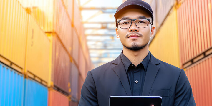 A man wearing a cap and glasses holds a tablet among colorful shipping containers. Business and logistics concept