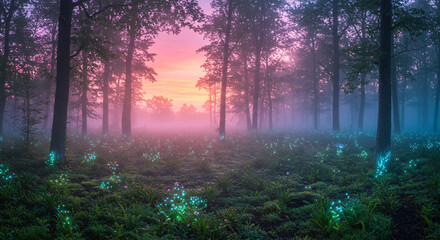 Fototapeta premium Ethereal Forest With Glowing Trees at Sunrise in a Misty Landscape
