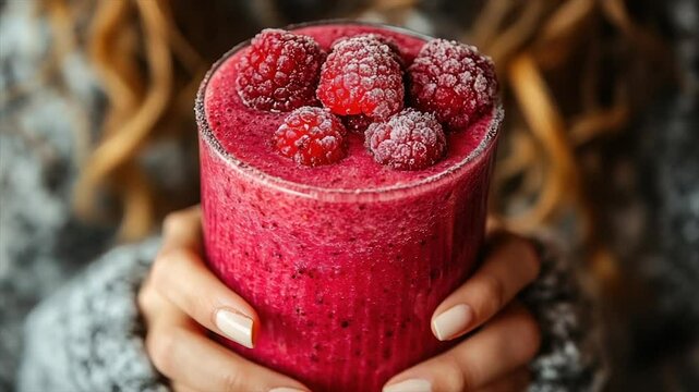 Refreshing raspberry smoothie in a glass, garnished with frozen raspberries