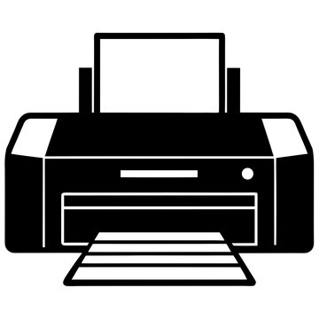 Black printer icon, office printing device, monochrome illustration, vector graphic