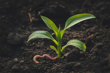 A young corn plant growing in the dark soil with an earthworm in a close up perspective