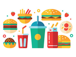 A vibrant collection of fast food items including burgers fries drinks and strawberries presented as a flat illustration isolated on white background
