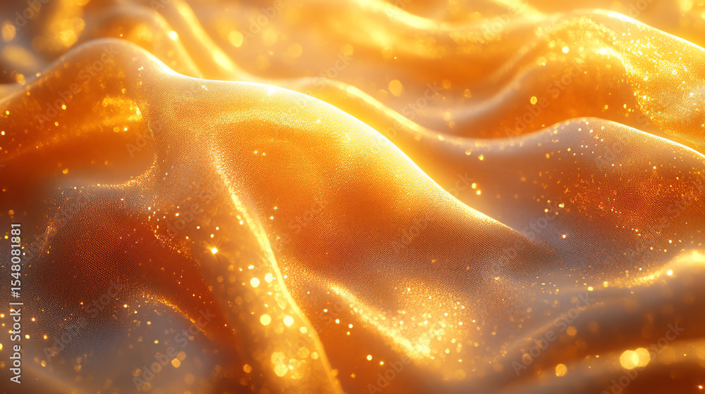 Poster a close-up of shimmering, golden fabric displaying fluid patterns with sparkling details, ideal for 