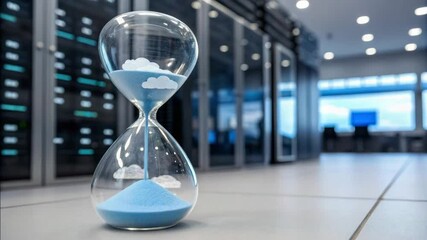 Cloud computing powers edge devices concept. A glass hourglass with blue sand and cloud shapes sits in a modern server room. - Powered by Adobe