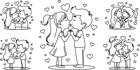 cute cartoon Kissing vector outline with hearts and sparkles around.