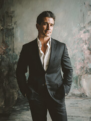 Dramatic portrait of man in tailored suit with painted backdrop, captured in cinematic light for concepts of confidence, personal branding, identity and male fashion.