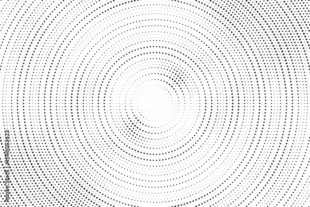 Aufkleber Radial halftone gradient background. Dotted concentric texture with fading effect. Black and white circle shade wallpaper. Grunge rough vector. Monochrome backdrop	