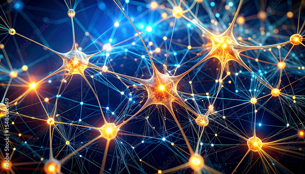 Poster network of brain neurons: a vibrant representation of interconnected neurons, illuminated with biolu