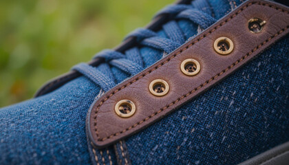 Denim Shoe Detail: Close-up of Fabric and Leather .