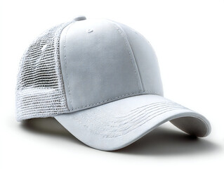 A close up shot of a white trucker hat with a mesh back on a white background in a studio setting