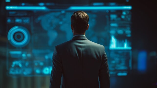 man in suit viewing futuristic neon blue dashboard in modern dark office