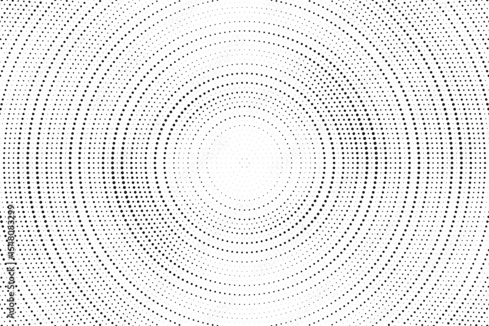 Aufkleber Radial halftone gradient background. Dotted concentric texture with fading effect. Black and white circle shade wallpaper. Grunge rough vector. Monochrome backdrop	
