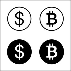 Currency icons of dollar and bitcoin symbols in line art and silhouette