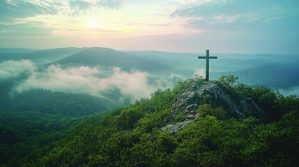 A wooden cross atop a mountain peak, surrounded by a misty valley.