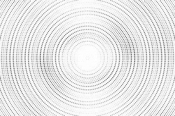 Radial halftone gradient background. Dotted concentric texture with fading effect. Black and white circle shade wallpaper. Grunge rough vector. Monochrome backdrop	