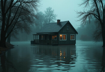 Obraz premium Floating House with Porch in Quiet Floodplain