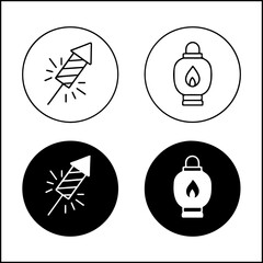 Festival icons of firework and lantern in line art and silhouette