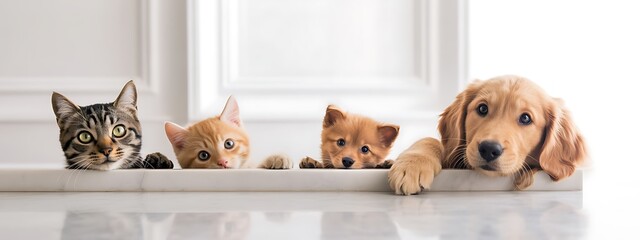 Adorable cats and puppies peeking over a surface creating a heartwarming and cute composition