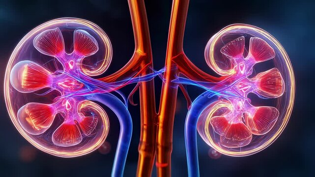 Human kidneys are glowing and rotating, showing veins and arteries, a medical visualization useful for understanding renal function and diseases