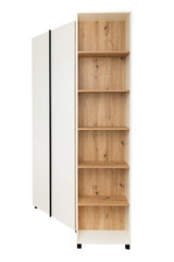 Modern wardrobe with shelfs. View from the side of a wardrobe. The wardrobe is on a white background. In front are shelves for interior decoration.