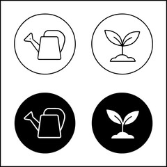 Gardening icons of watering can and plant sprout in line art and silhouette © Adventure