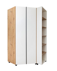 Corner cabinet, versatile and elegant with shelves for decoration on one side. The cabinet is on a white background. Photo taken in the studio.