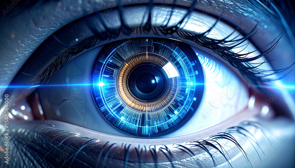 Aufkleber cybernetic eye: a close-up view of a futuristic eye, showcasing intricate digital patterns and a pie