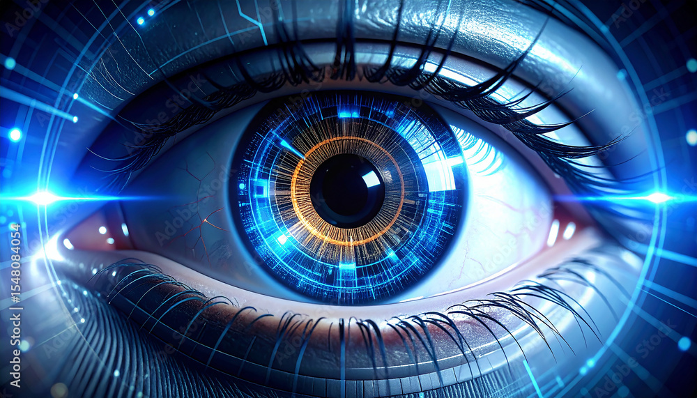 Poster digital eye of technology: a close-up view of a cybernetic eye, with intricate digital patterns and 