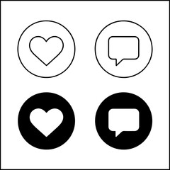 Social media icons of heart and speech bubble in line art and silhouette