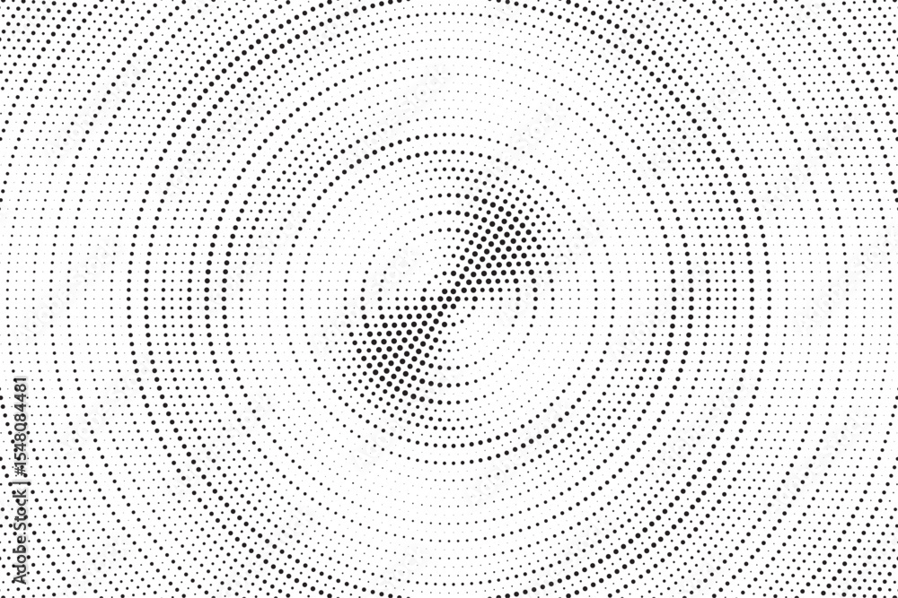 Poster Radial halftone gradient background. Dotted concentric texture with fading effect. Black and white circle shade wallpaper. Grunge rough vector. Monochrome backdrop	