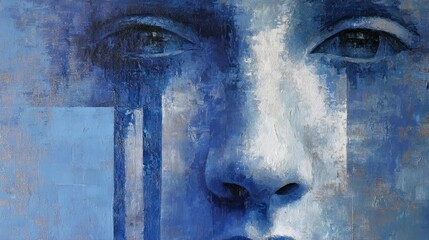 Abstract portrait painting human face with blue tones and textured brushstrokes