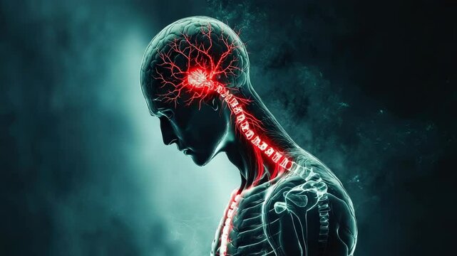 An image of a man 's head with the brain highlighted in red