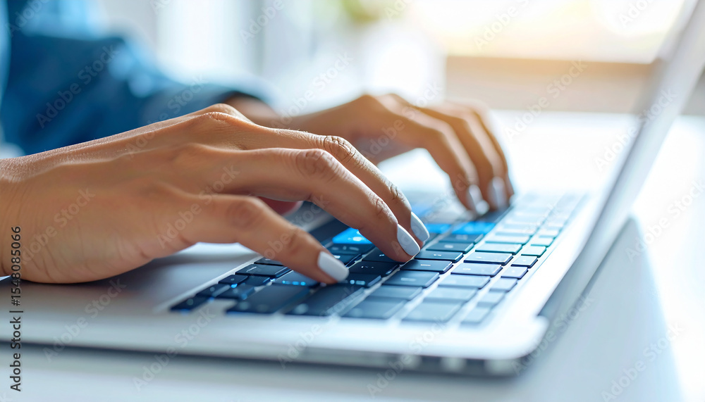 Poster digital communication: a close-up shot of a person's hands typing on a laptop keyboard, capturing th