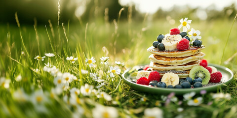 Stack of pancakes with fresh fruit and syrup on a plate in a sunny meadow with wildflowers. Perfect for picnic, breakfast, or summer food and nature concepts.