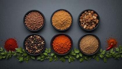 Variety of Spices in Bowls: Culinary Background .