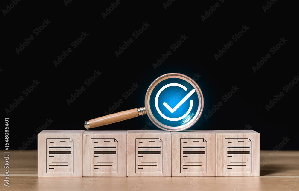 Poster document management, file search and auditing, folder data analysis. close up to hand, hold magnifie