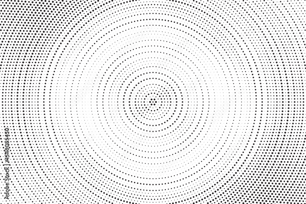 Aufkleber Radial halftone gradient background. Dotted concentric texture with fading effect. Black and white circle shade wallpaper. Grunge rough vector. Monochrome backdrop	