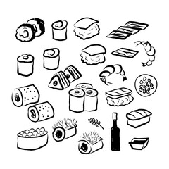 Sketch with Sushi and rolls Japanese food on isolated background. Ink doodle with Onigiri, nori, rice, wasabi, fresh cucumber, toasted sesame, crab meat, soy sauce, sashimi, shrimp, pickled ginger 