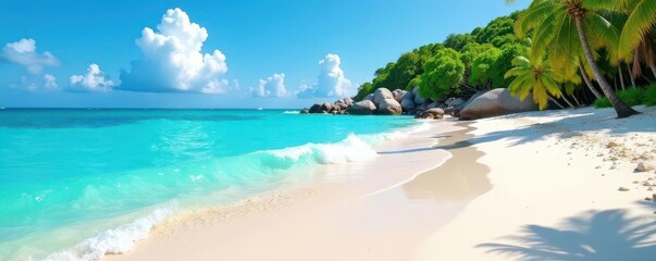 Naklejka premium Azure water gently washes the shoreline of a pristine beach , holiday, azure
