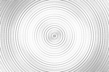 Radial halftone gradient background. Dotted concentric texture with fading effect. Black and white circle shade wallpaper. Grunge rough vector. Monochrome backdrop	