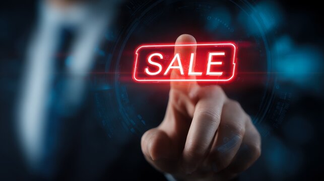 A businessman points towards a glowing 'SALE' sign, emphasizing promotion and marketing strategies in a digital environment