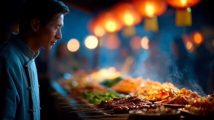 Obraz premium A man gazes thoughtfully at a vibrant food stall filled with various dishes, illuminated by warm lantern light, creating an inviting atmosphere