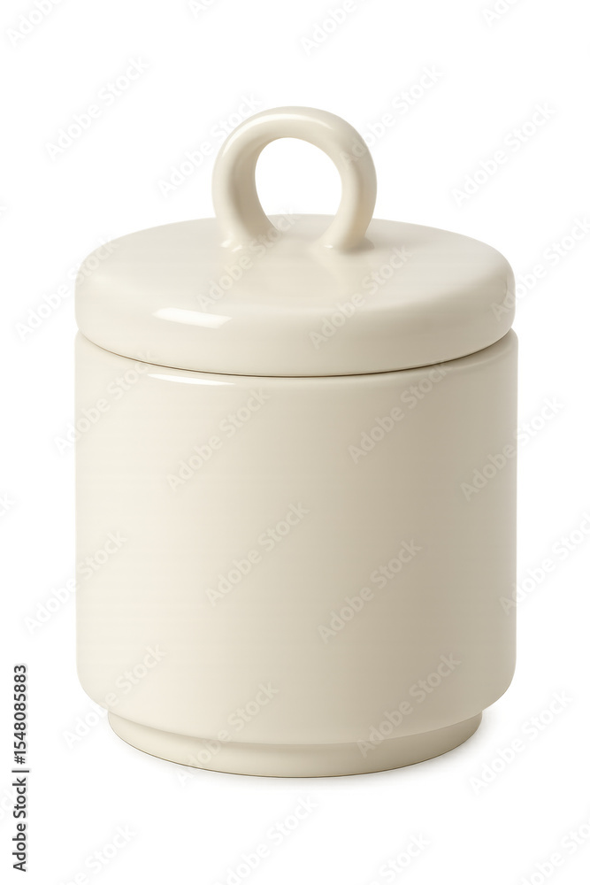 Poster white ceramic jar with round handle lid on transparent background