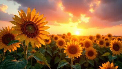 Obraz premium Blazing sunset paints sunflowers with warm hues, long shadows stretch across field , bloom, vibrant